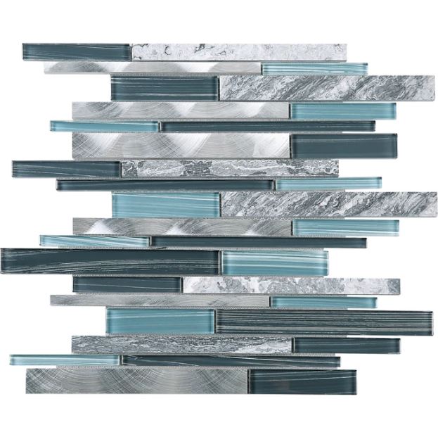 Vogue Glossy Blue Glass and Blue Stone Random Brick Straight Pattern Mosaic Tiles