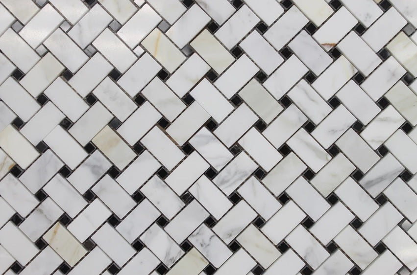 Calacatta Gold Italian Marble Basketweave Mosaic Floor Wall Tile with Black Dots for Bathroom Shower, Kitchen Backsplashes, Fireplace