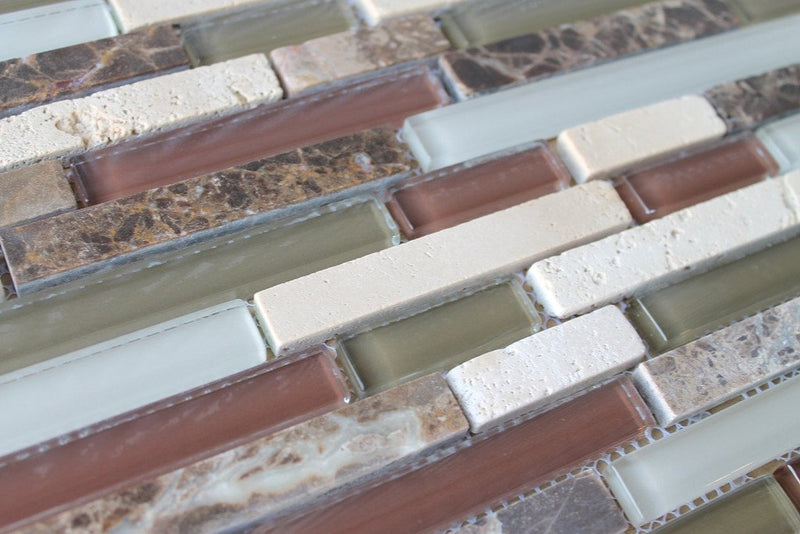 10 sq ft - Bliss Cabernet Stone and Glass Linear Mosaic Tiles - Kitchen Backsplash/Tub Surround