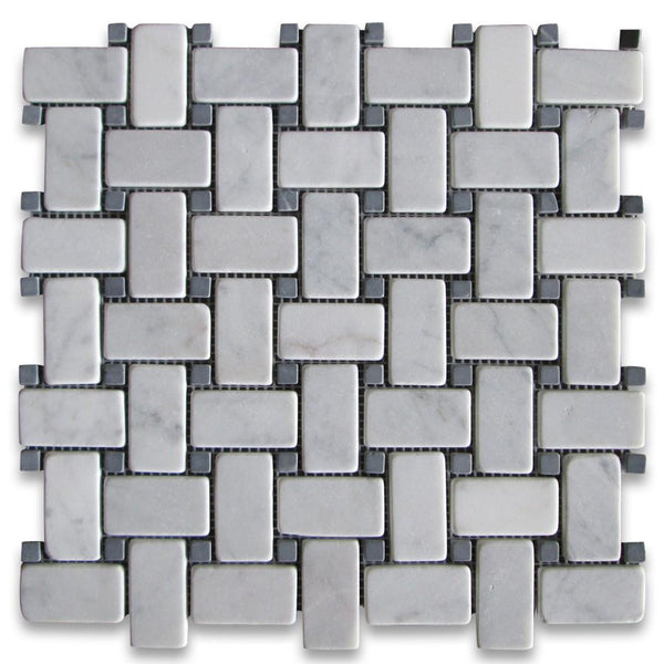 Carrara Marble Italian White Bianco Greyish  Basket weave Mosaic Wall Floor Tile with Nero Marquina Black Dots Tumbled