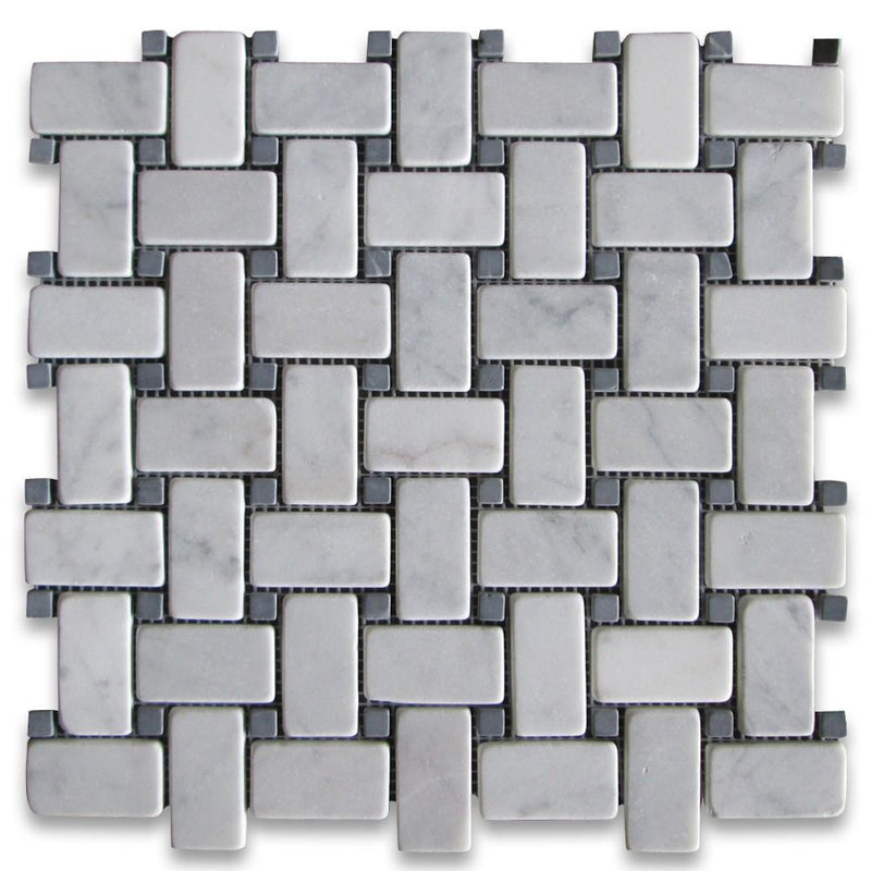 Carrara Marble Italian White Bianco Carrera Basketweave Mosaic Tile with Nero Marquina Black Dots Tumbled