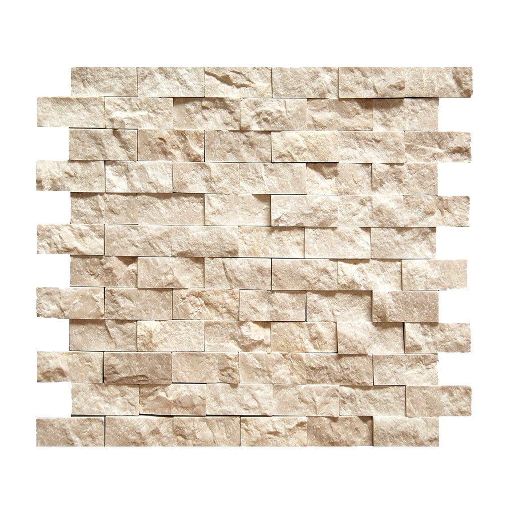 Roman Light Travertine 1X2 Marble Split-Faced Mosaic Tile ( on 12" x 12" Mesh)