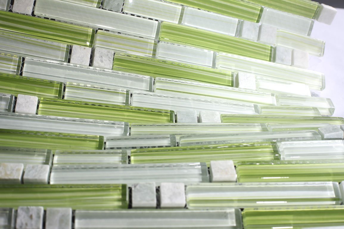 Xen Green Apple Glass with Stone Mosaic Tiles For Kitchen Bathroom Backsplash, Shower Walls