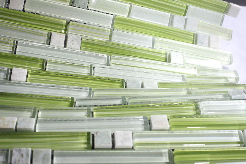 Xen Green Apple Glass with Stone Mosaic Tiles For Kitchen Bathroom Backsplash, Shower Walls