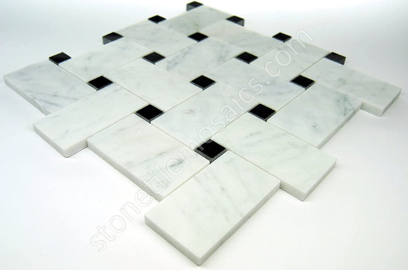 Carrara Marble Italian White Bianco Large Size Big Basketweave Mosaic Floor Wall Tile w/Nero Black Dots Honed for Kitchen Backsplash Bathroom Flooring Shower Fireplace
