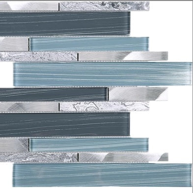 Glossy Blue Glass and Greyish Stone Random Brick Straight Pattern Glass Mosaic Tiles for Bathroom and Kitchen Walls Kitchen Backsplashes - Tenedos