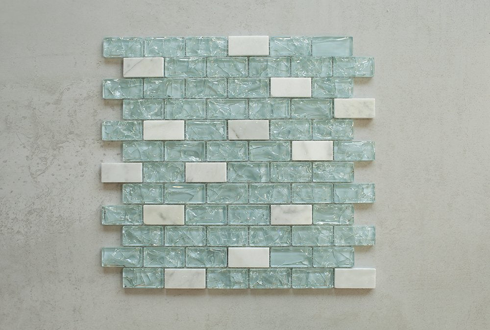 Blue Cleft Glass & Bianco Marble Mosaic Tile - Blue & White 1"x2" Glass Tile for Kitchen Backsplash bathroom Wall