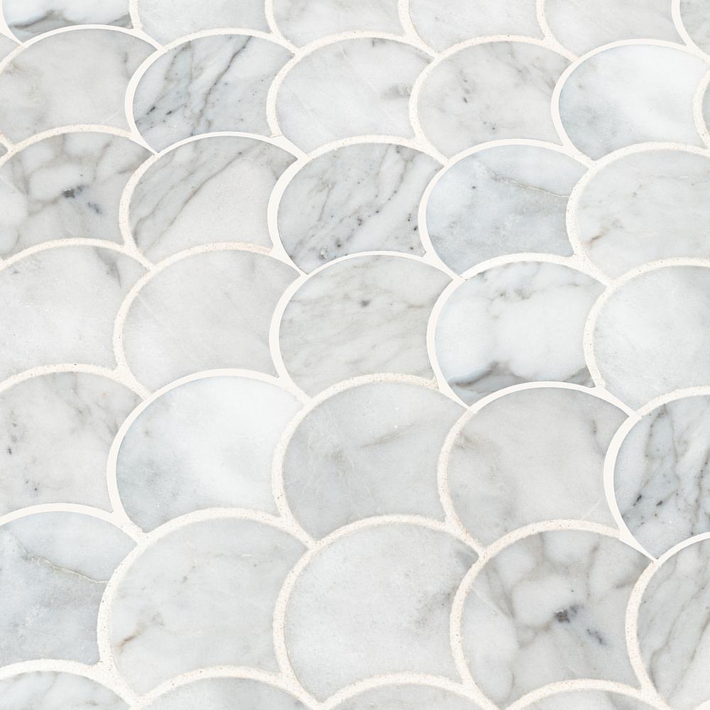 MSI Calacatta Blanco Scallop 12.8 in. x 10.43 in. x 10mm Polished Marble Mesh-Mounted Mosaic Tile