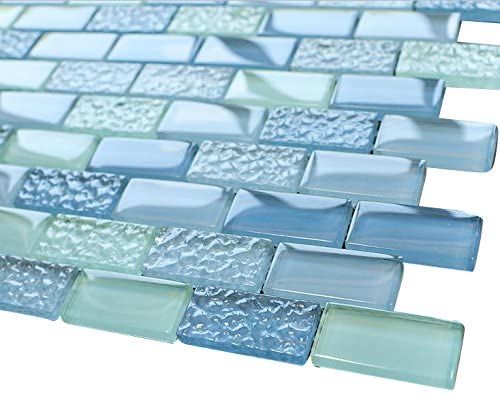 Pool Wave Blue Crystal Brick Glass Mosaic Wall Tile for Bathroom Wall, Kitchen Wall, Backsplash