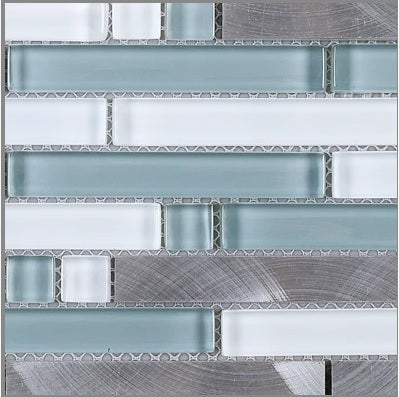 Glossy Greenish and White and Silver Aluminum Authentic Glass Mosaic Wall Tiles for Bathroom Shower, Kitchen Backsplash, Accent Wall