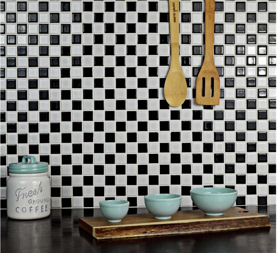 Square Checkered Tile Black & White Porcelain Mosaic Shiny Look 1-1/8" X 1-1/8"