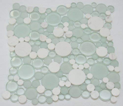 Mint Green and Snow Dove Bubbles Mosaic Frosted Polished Glass Wall Tile with White Marble 10.5x10.5, Decor