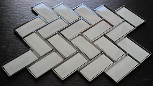 White Glass Mirror Beveled Herringbone 2'' x 4'' Tile Kitchen Backsplash Idea Bath Shower Wall Mosaics