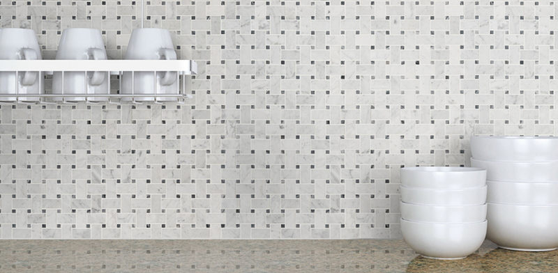 Carrara White Italian Carrera Marble Basket weave Mosaic Floor Wall Tile Black Dots 1x2 Honed