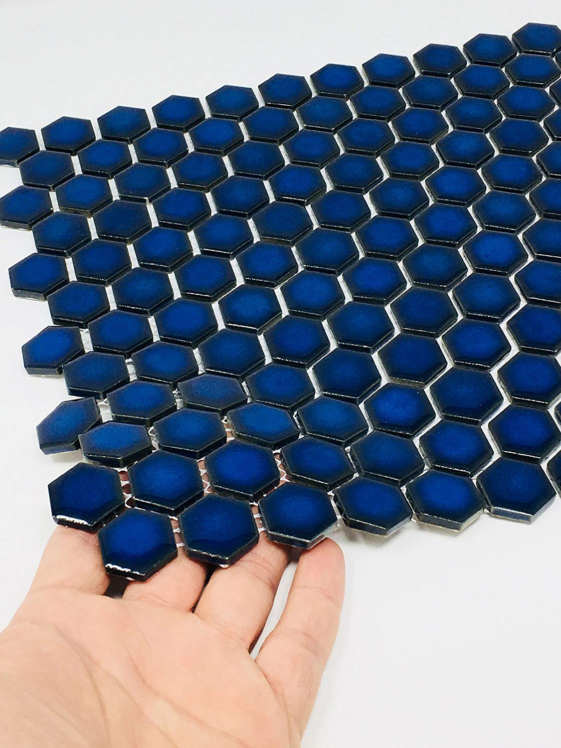 Hexagon Cobalt Blue Porcelain Floor Wall Tile Glossy Look 1'' Inch (Box of 10 Sheets) for Backsplash Kitchen, Bathroom Shower, Accent Wall