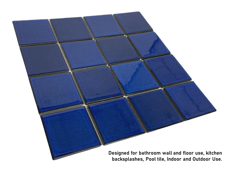 Premium Quality 3" x 3" Cobalt Blue Square Pattern Porcelain Mosaic Tile on Mesh on 12x12 sheet, Designed in Italy