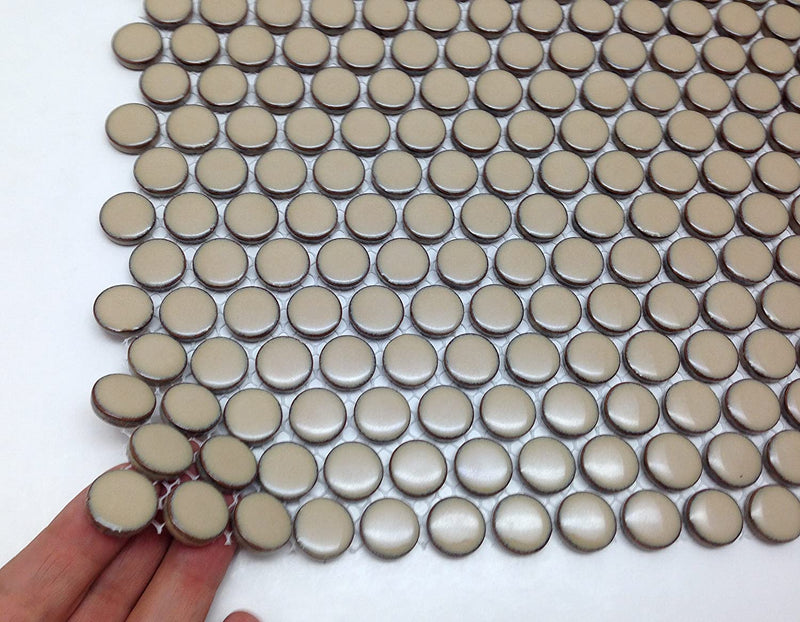 Camel Coffee Brown Penny Round Vintage  Porcelain Mosaic for Bathroom Floors and Walls, Kitchen Backsplashes, Pool Tile