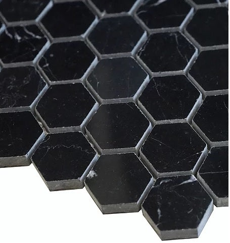 Nero Marquina Black Marble Hexagon Mosaic Tile 1 inch Polished