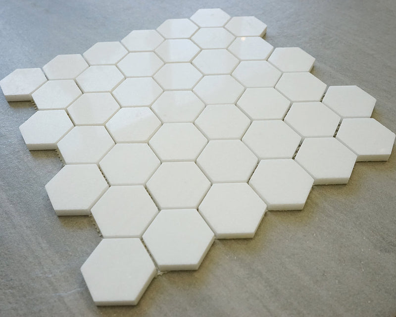 Thassos White Greek Marble 2 inch Hexagon Mosaic Tile, Polished