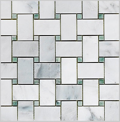 Statuary Calacatta  Basketweave with Ming Green Dots Polished Marble Mosaic Floor and Wall Tile