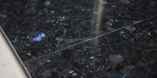Deep Black and Spark Blue Dot Granite Flooring Bathroom Wall Backsplash Entrance Foyer Fireplace Kitchen Countertops - 12 x 12 Polished Tile