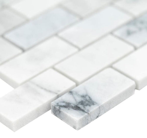 Carrara White with Grey Brick 1x2 Inch Marble Mosaic Floor and Wall Tile, Kitchen Backsplash, Accent Wall, Pool Tile