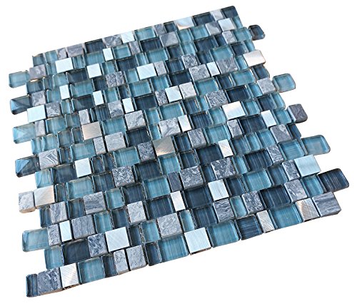 Glossy Blue and Blue Stone Random Brick Cubes Pattern Glass Mosaic Tiles for Bathroom and Kitchen Walls Kitchen Backsplashes (Tenedos)
