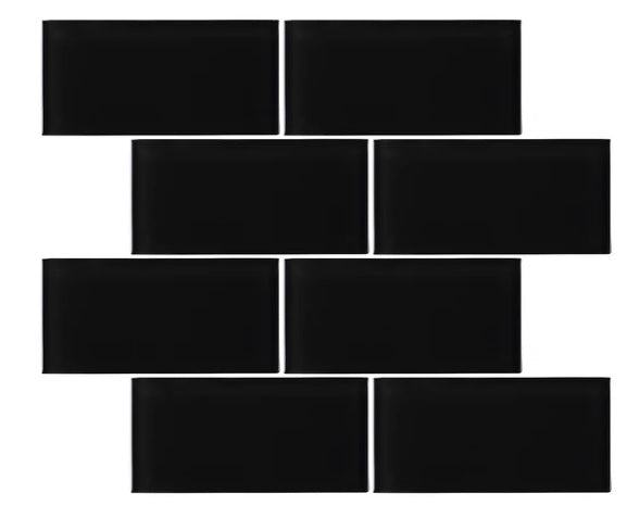 3x6 Black Glass Subway Wall Tile - Bathroom Tile & Kitchen Backsplash Tile (price per square feet, 8 pieces)