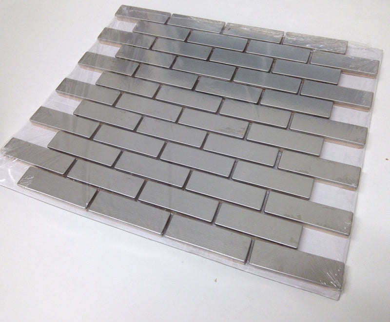 Silver Stainless Steel Metal 0.75 x 2.75 Mosiac Brick Sheets for Backsplash, Bathroom Tile