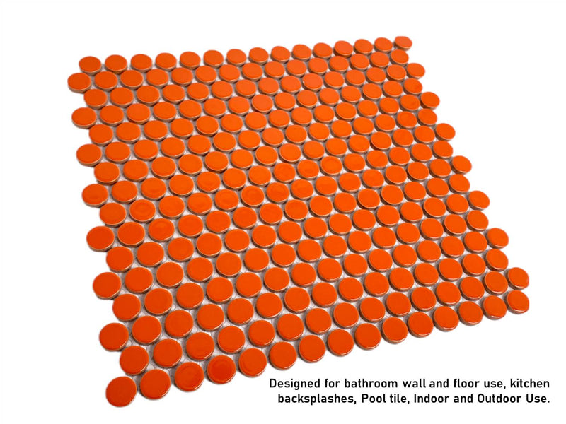 Penny Round Orange Porcelain Mosaic, Floor and Wall Tile, Backsplash Tile, Bathroom Tile on 12x12" Mesh for Easy Installation By Vogue Tile