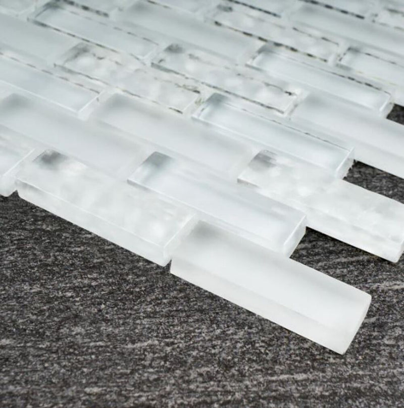 1/2x2 Brick Pattern Glass Wall Tile; Color: White Glass Tile & White Marble Wall Tile