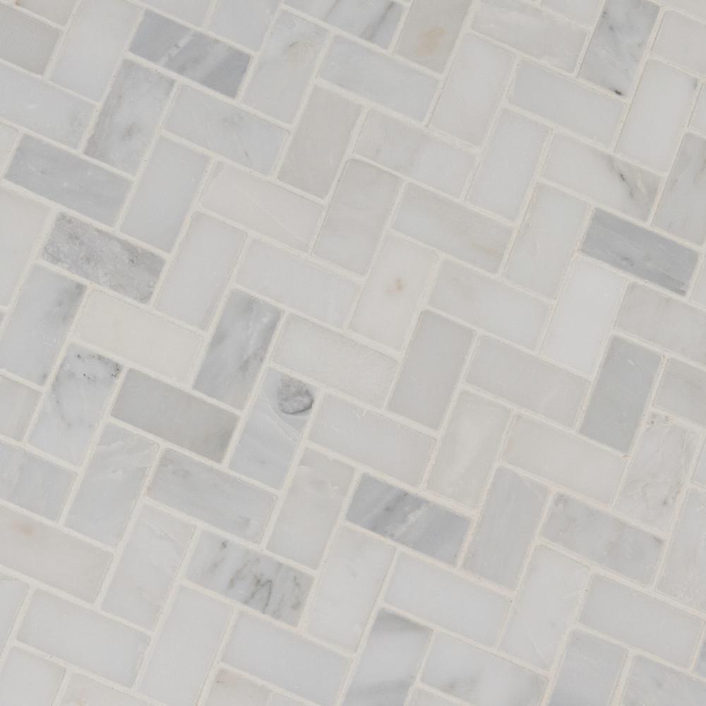 MS International Arabescato 1x2 Carrara Herringbone Pattern Honed Marble Mesh-Mounted Mosaic Floor Wall Tile