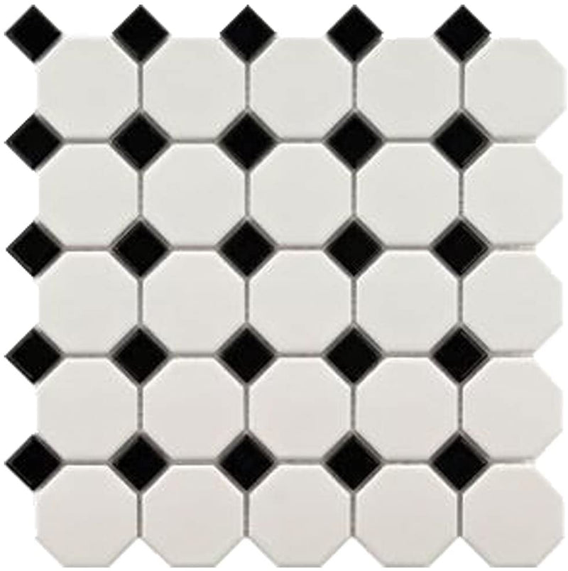 Octagon Porcelain Matte White with Glossy Black Dot for Bathroom Floors and Walls  Kitchen Backsplashes and Pool Tile (Box of 10 Sheets) - Tenedos
