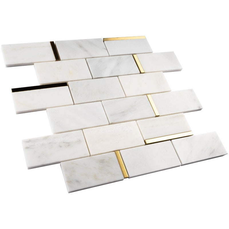 Tenedos Carrara White Marble 2x4 Grand Brick Subway Mosaic Tile with Gold Metal Stainless Steel Polished for Kitchen Backsplash Bathroom Flooring Shower Entryway Corrido Spa (Box of 10 Sheets)