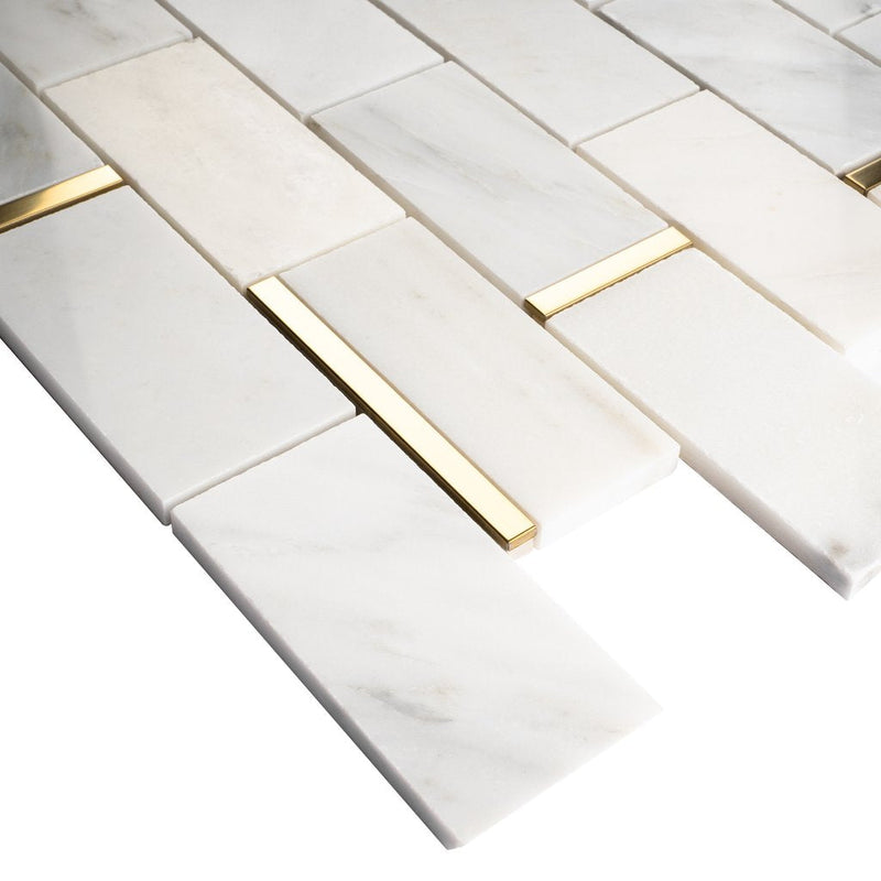 Tenedos Carrara White Marble 2x4 Grand Brick Subway Mosaic Tile with Gold Metal Stainless Steel Polished for Kitchen Backsplash Bathroom Flooring Shower Entryway Corrido Spa (Box of 10 Sheets)
