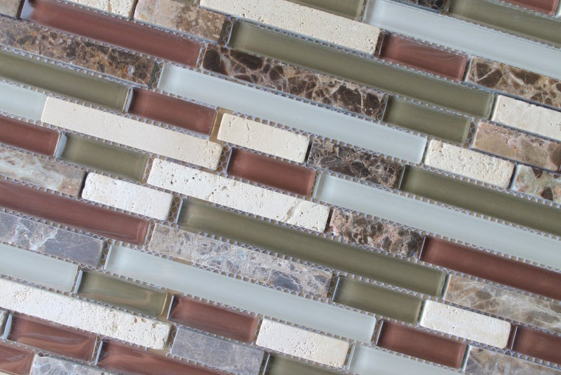 10 sq ft - Bliss Cabernet Stone and Glass Linear Mosaic Tiles - Kitchen Backsplash/Tub Surround