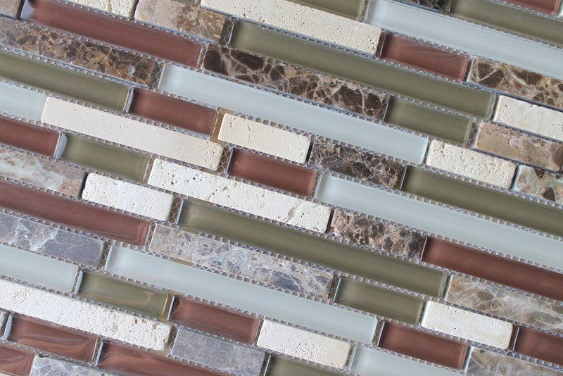 10 sq ft - Bliss Cabernet Stone and Glass Linear Mosaic Wall Tiles - Kitchen Backsplash/Tub Surround