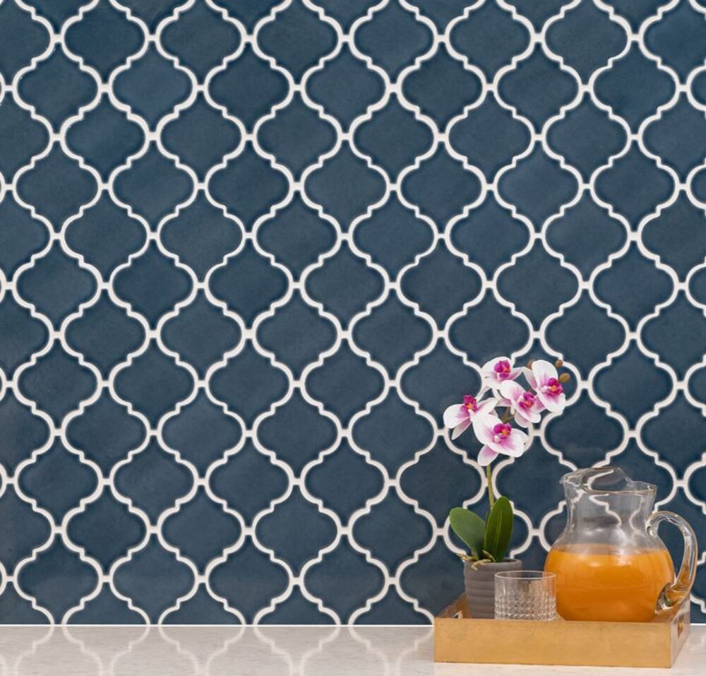 Navy Blue Lantern Arabesque Handcrafted Ceramic Mosaic Wall Tile for Kitchen Backsplash, Bathroom, Accent Wall