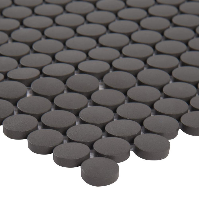 Penny Round Unglazed Black Porcelain Mosaic Floor and Wall Tile for Backsplash Tile, Bathroom Tile, Flooring on 12x12 Mesh for Easy Installation