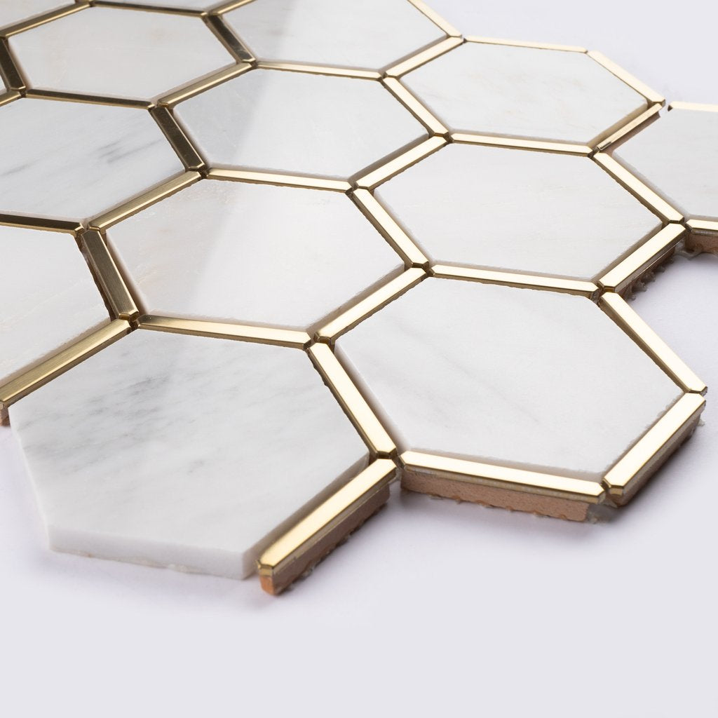 Tenedos Carrara White Marble 3 inch Hexagon Mosaic Floor Wall Tile with Gold Metal Stainless Steel Polished for Kitchen Backsplash Bathroom Shower Entryway Corrido Spa
