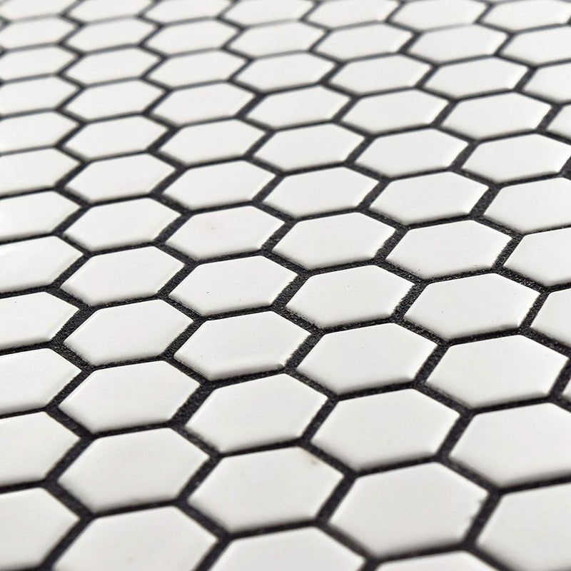 White 1" Hexagon Porcelain Mosaic Floor and Wall Tile on mesh Sheet for Kitchen Backsplash, Bathroom, Accent Wall