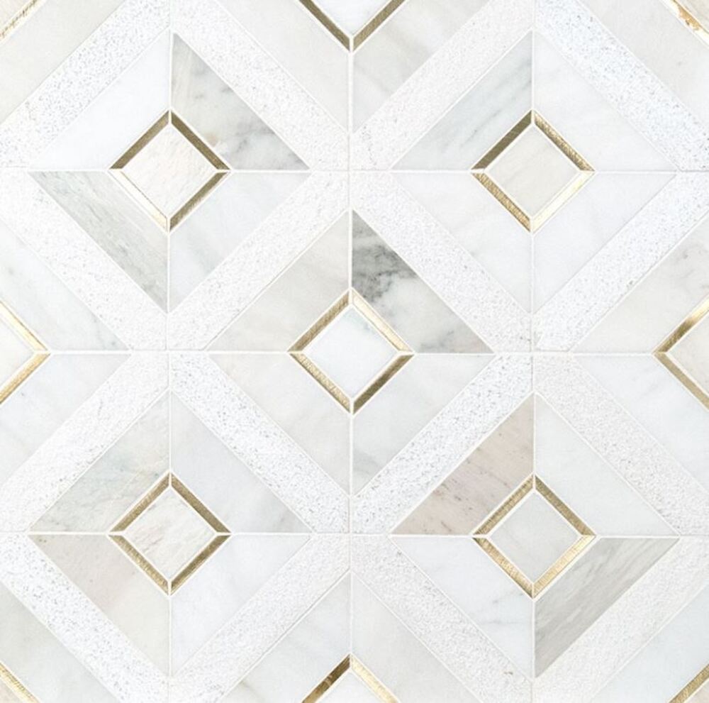 Veneto White with Yellow Gold Marble Stone Multi Surface and Metal Wall Mosaic Tile for Bathroom Walls, Kitchen Backsplashes, Accent Wall, Fireplace Surround