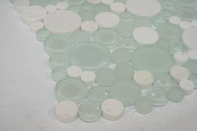 Bubbles Snow Dove Mosaic Tiles with White Marble with Frosted and Polished Glass  for Bathroom and Kitchen Walls Kitchen Backsplashes