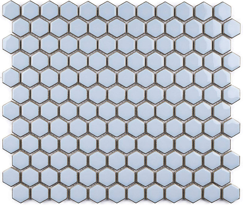 Vintage Sky Blue Hexagon Porcelain Wall Floor Mosaic Tile Polished for Kitchen Backsplash, Bathroom Shower, Accent décor