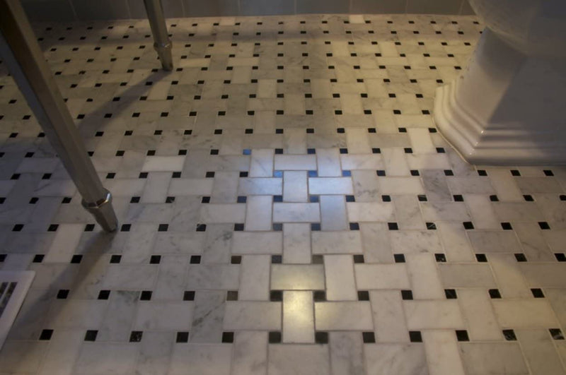 Carrara Marble Italian White Bianco Large Size Big Basketweave Mosaic Floor Wall Tile w/Nero Black Dots Honed for Kitchen Backsplash Bathroom Flooring Shower Fireplace