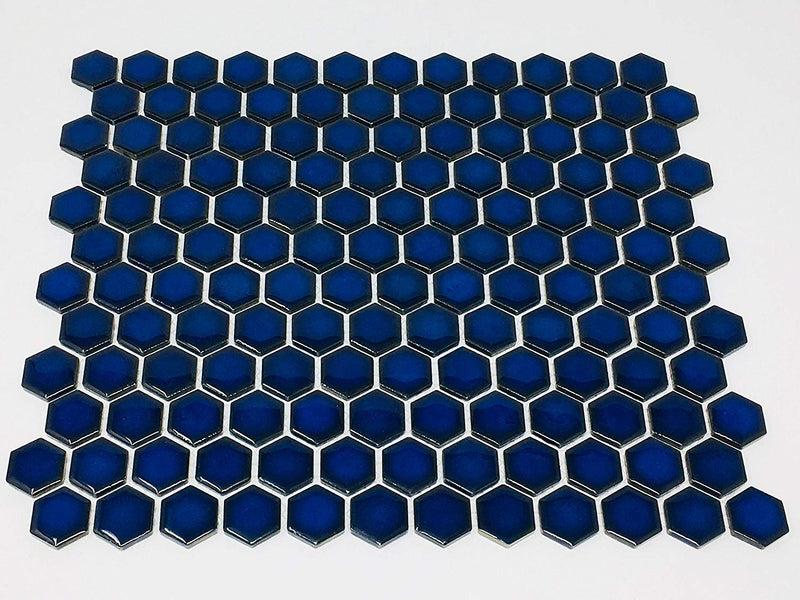 Hexagon Cobalt Blue Porcelain Floor Wall Tile Glossy Look 1'' Inch (Box of 10 Sheets) for Backsplash Kitchen, Bathroom Shower, Accent Wall