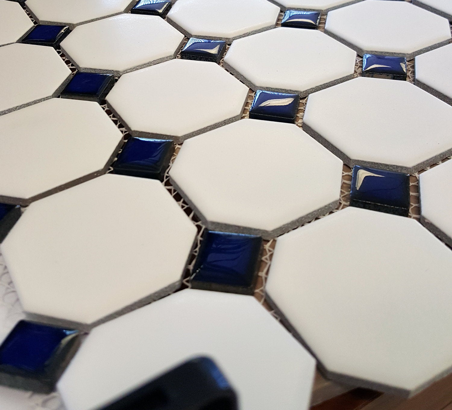 Octagon Porcelain Mosaic Wall Floor Tile Matte White with Glossy Cobalt Blue Dots Designed in Italy (12x12)