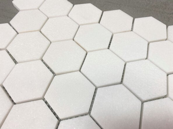 Thassos White Greek Marble 2 inch Hexagon Mosaic Tile, Polished