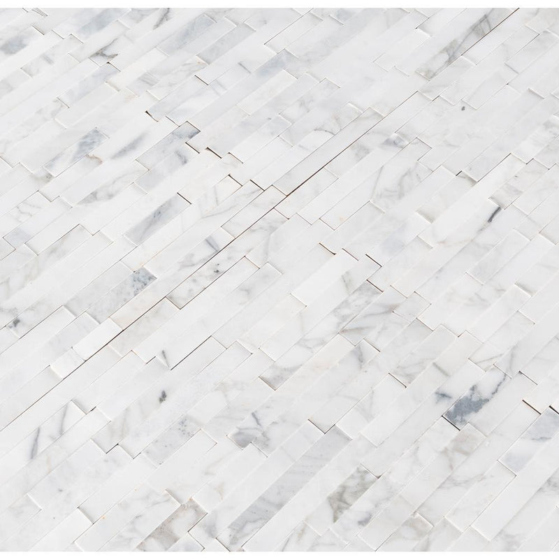 Vogue Peel & Stick Calacatta Carrara Interlocking 3D Random Pattern Marble Mosaics for Kitchen Backsplash & Wall Tile