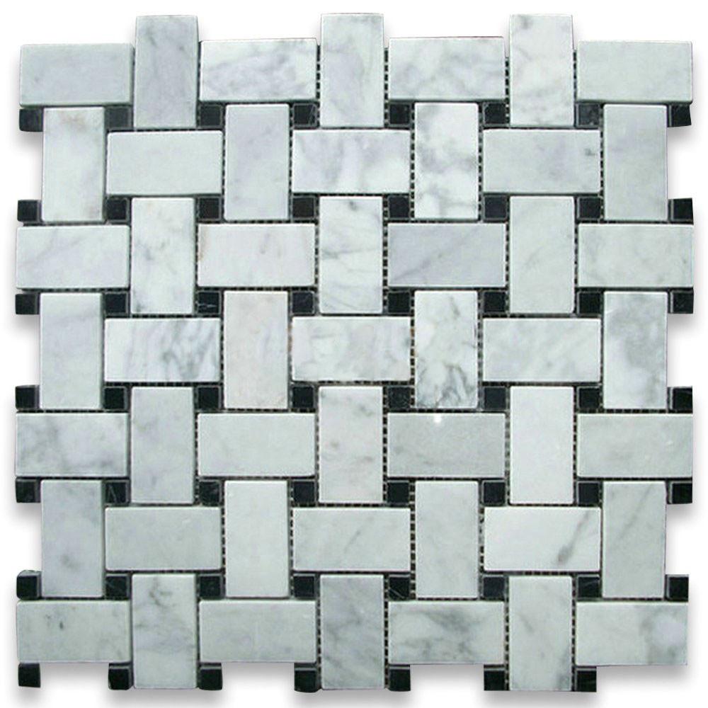 Carrara Marble Italian White Bianco Carrera Basketweave Mosaic Floor Wall Tile with Nero Marquina Black Dots Honed